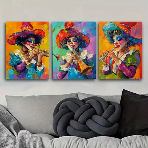 3pcs Vibrant Modern Colorful Clown Musician Wall Art Canvas Unframed - High Quality Print 100% Australian Made Wall Canvas