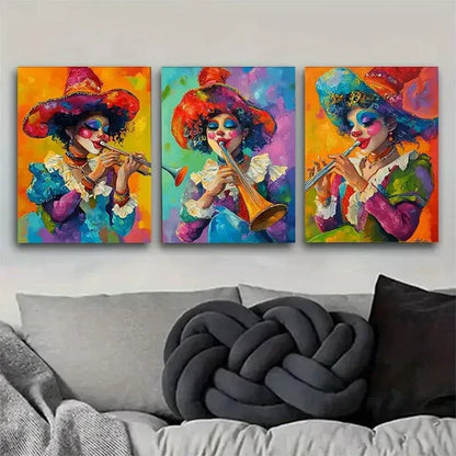 3pcs Vibrant Modern Colorful Clown Musician Wall Art Canvas Unframed - High Quality Print 100% Australian Made Wall Canvas