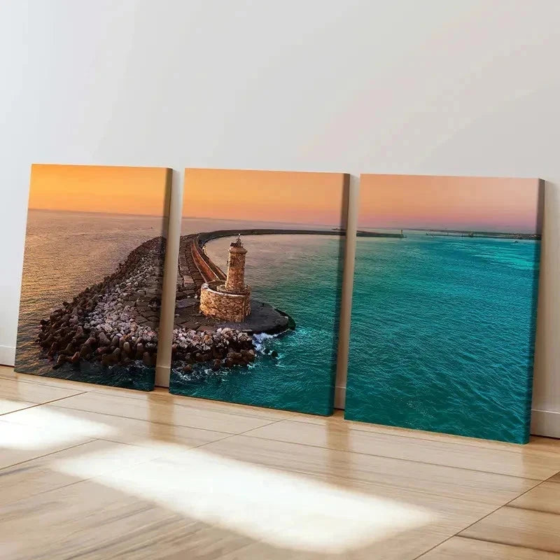 3pcs Sunset Sea Lighthouse Pier Modern Wall Art Set Canvas Framed 50x70cm - High Quality Print 100% Australian Made Wall Canvas Ready to Hang - Bella Home Decor