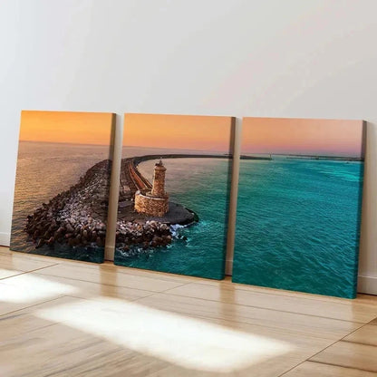 3pcs Sunset Sea Lighthouse Pier Modern Wall Art Set Canvas Framed 50x70cm - High Quality Print 100% Australian Made Wall Canvas Ready to Hang - Bella Home Decor