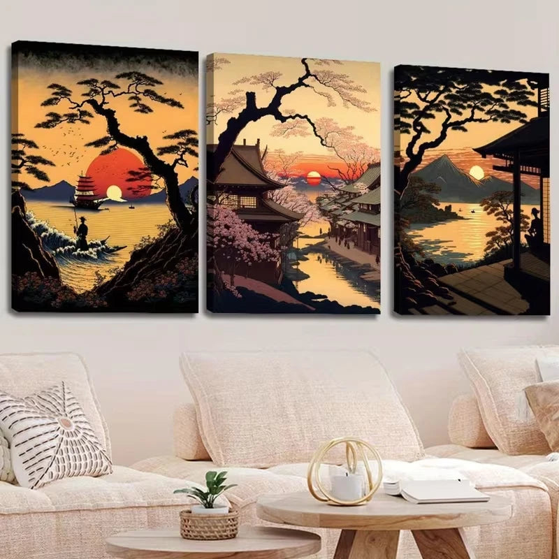 3pcs Featuring Japanese Scenery Wall Art Set Canvas Framed 60x90cm - High Quality Print 100% Australian Made Wall Canvas Ready to Hang