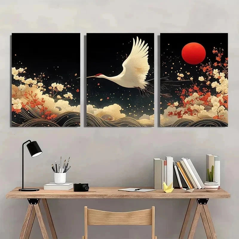 3pcs Japanese Crane Elegant Sakura Perfect Wall Art Set Canvas Framed 50x70cm - High Quality Print 100% Australian Made Wall Canvas Ready to Hang