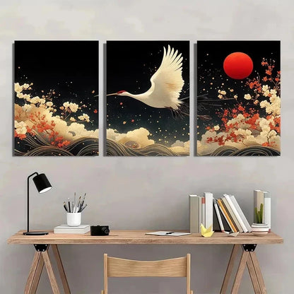 3pcs Japanese Crane Elegant Sakura Perfect Wall Art Set Canvas Framed 50x70cm - High Quality Print 100% Australian Made Wall Canvas Ready to Hang