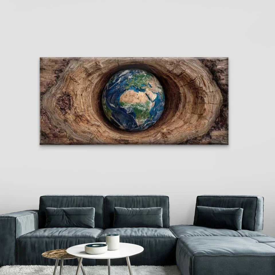 Earth in Tree Hollow Wall Art Canvas Office Home Room Framed 120x60cm