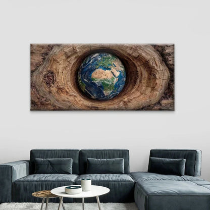 Earth in Tree Hollow Wall Art Canvas Office Home Room Framed 120x60cm