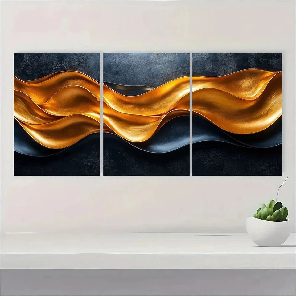 3pcs Modern Golden Wavy Lines Black Golden Metal Print Ready to Hang Art - Bella Home Decor