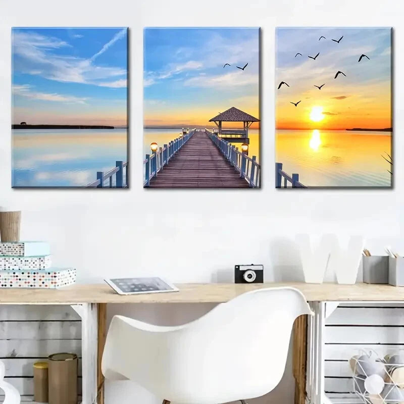 3pcs Featuring a Seaside Wooden Bridge Perfect Wall Art Set Canvas Framed 40x60cm - High Quality Print 100% Australian Made Wall Canvas Ready to Hang - Bella Home Decor