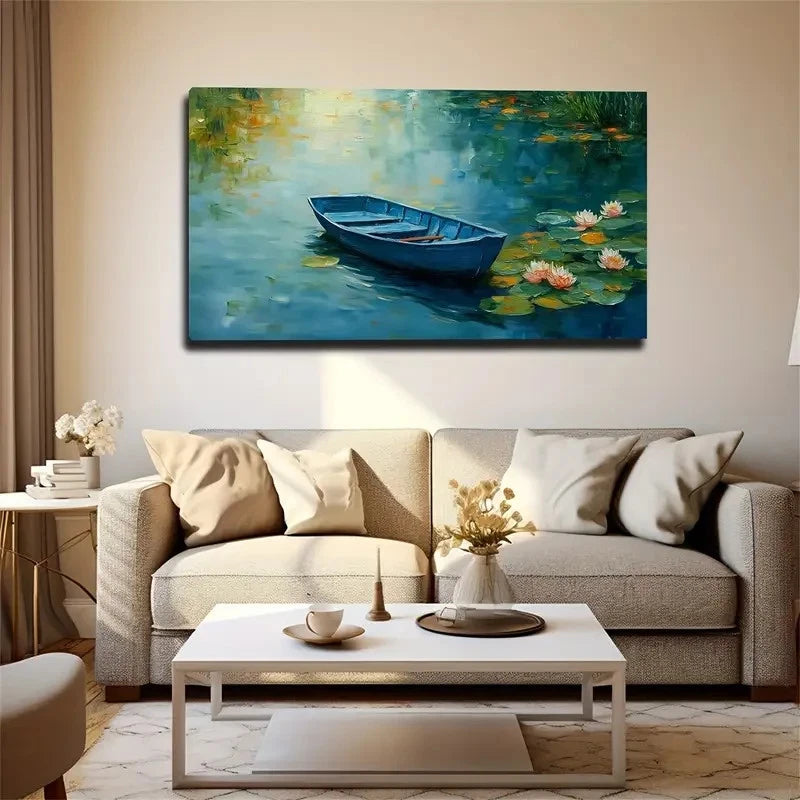 Blue Boat Quietly Floating Wall Art Canvas Office Home Room Framed 120x60cm