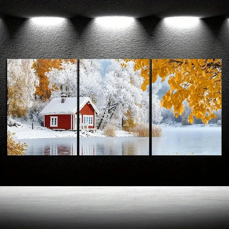 3pcs A House in The Snow Yellow Leaves Metal Print Ready to Hang Art - Bella Home Decor