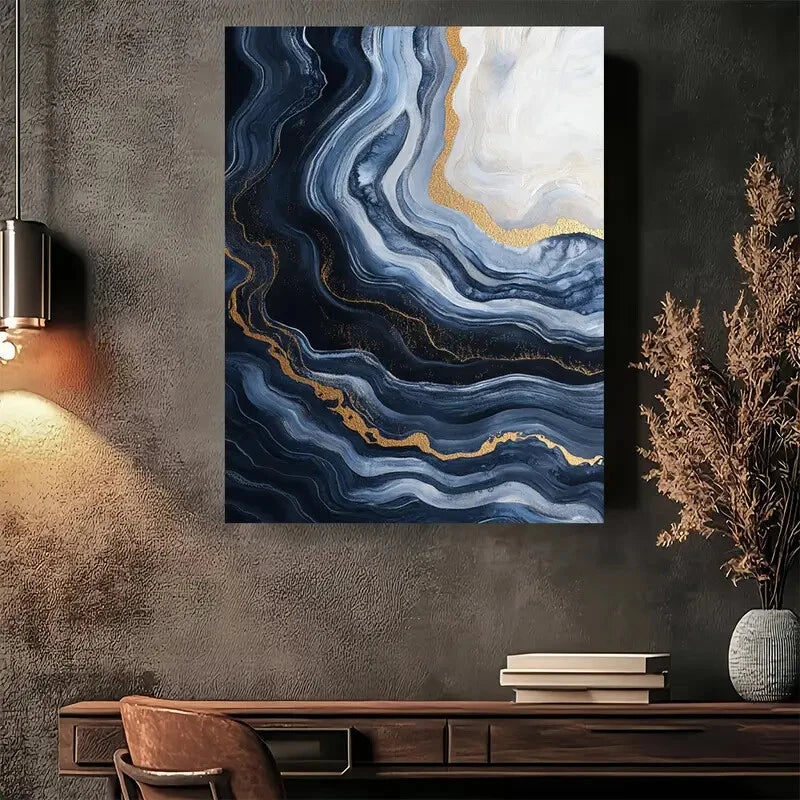 Beautiful Blue Black Golden Swirl Design Painting 40x60cm Metal Print Ready to Hang - Bella Home Decor