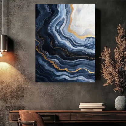 Beautiful Blue Black Golden Swirl Design Painting 40x60cm Metal Print Ready to Hang - Bella Home Decor