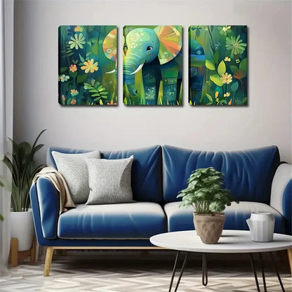 3pcs Elephant Walking in Rainforest Tropical Wall Art Set Canvas Framed 50x70cm - High Quality Print 100% Australian Made Wall Canvas Ready to Hang