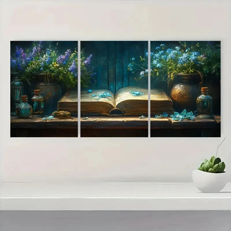 3pcs  Magical Books   Book & Floral BN    Wall Art Set Canvas Framed 50x70cm - High Quality Print 100% Australian Made Wall Canvas Ready to Hang - Bella Home Decor