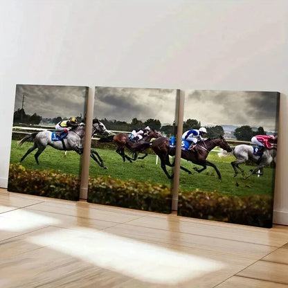 3pcs Vibrant Horsemanship Scene with Jockeys Wall Art Set Canvas Framed 50x70cm - High Quality Print 100% Australian Made Wall Canvas Ready to Hang - Bella Home Decor