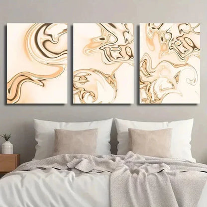 3pcs Abstract Beige Background Golden Waves Wall Art Set Canvas Unframed - High Quality Print 100% Australian Made Wall Canvas - Bella Home Decor