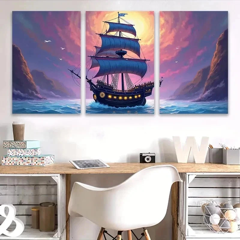 3pcs Sailing Ship at Sunset Wall Art Set Canvas Framed 50x70cm - High Quality Print 100% Australian Made Wall Canvas Ready to Hang