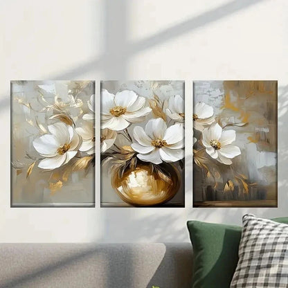 3pcs Elegant White Flowers in Golden Vase Wall Art Set Canvas Framed 50x70cm - High Quality Print 100% Australian Made Wall Canvas Ready to Hang
