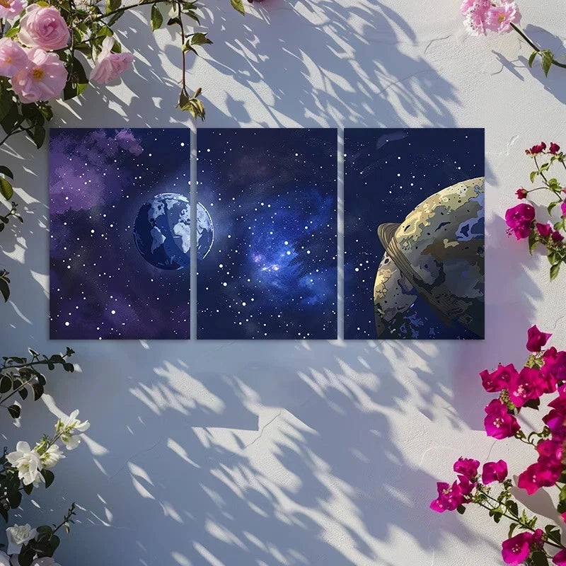 3pcs Earth and Moon in Space Metal Print Ready to Hang Art - Bella Home Decor