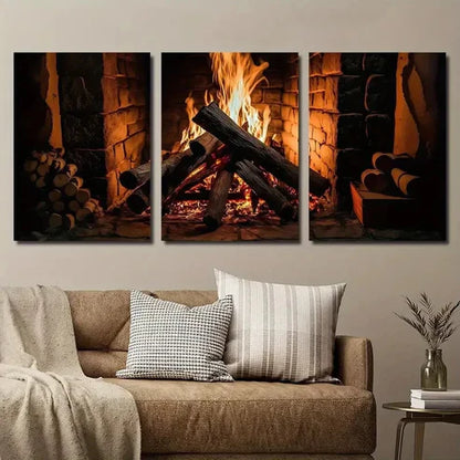 3pcs Wood Burning in Country Cottage Fireplace Wall Art Set Canvas Unframed - High Quality Print 100% Australian Made Wall Canvas
