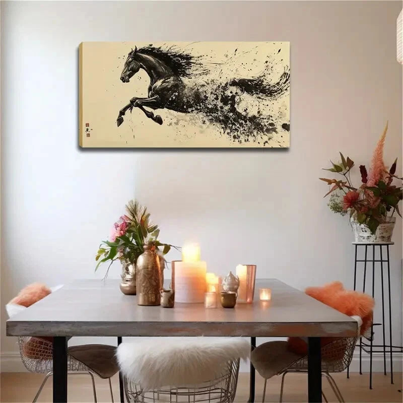 A Dark Horse Running Abstract Wall Art Canvas Office Home Room Framed 120x60cm - Bella Home Decor