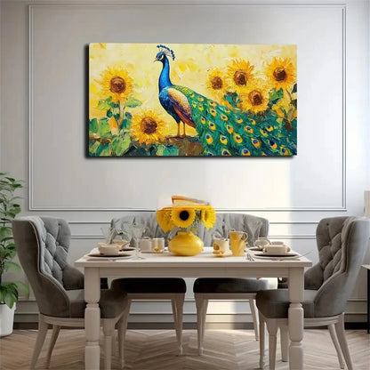 Peacock And Sunflowers Abstract Wall Art Canvas Office Home Room Framed 120x60cm