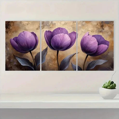 3pcs Showcasing Beige Purple Tulips Wall Art Set Canvas Unframed - High Quality Print 100% Australian Made Wall Canvas