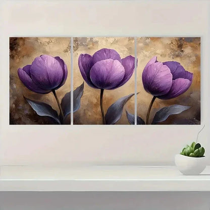 3pcs Showcasing Beige Purple Tulips Wall Art Set Canvas Unframed - High Quality Print 100% Australian Made Wall Canvas