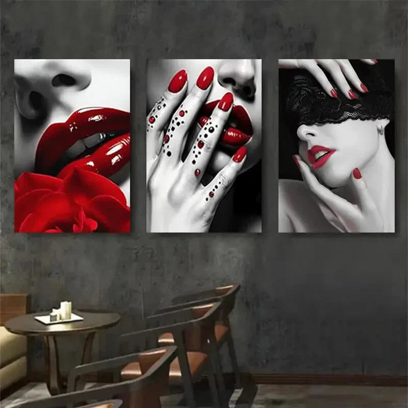3pcs Red Lips And Nails Abstract Modern Perfect Wall Art Set Canvas Framed 60x90cm - High Quality Print 100% Australian Made Wall Canvas Ready to Hang - Bella Home Decor