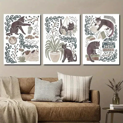 3pcs Cat Posters with Coffee & Indoor Scenes Wall Art Canvas Unframed - High Quality Print 100% Australian Made Wall Canvas - Bella Home Decor