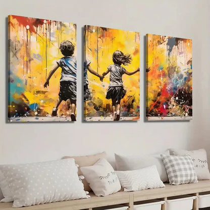3pcs Boy And Girl Running on a Street Wall Art Set Canvas Unframed - High Quality Print 100% Australian Made Wall Canvas - Bella Home Decor