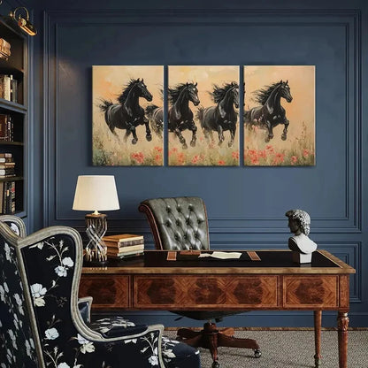 3pcs Black Horses Running Floral Field Abstract Metal Print Ready to Hang Art - Bella Home Decor