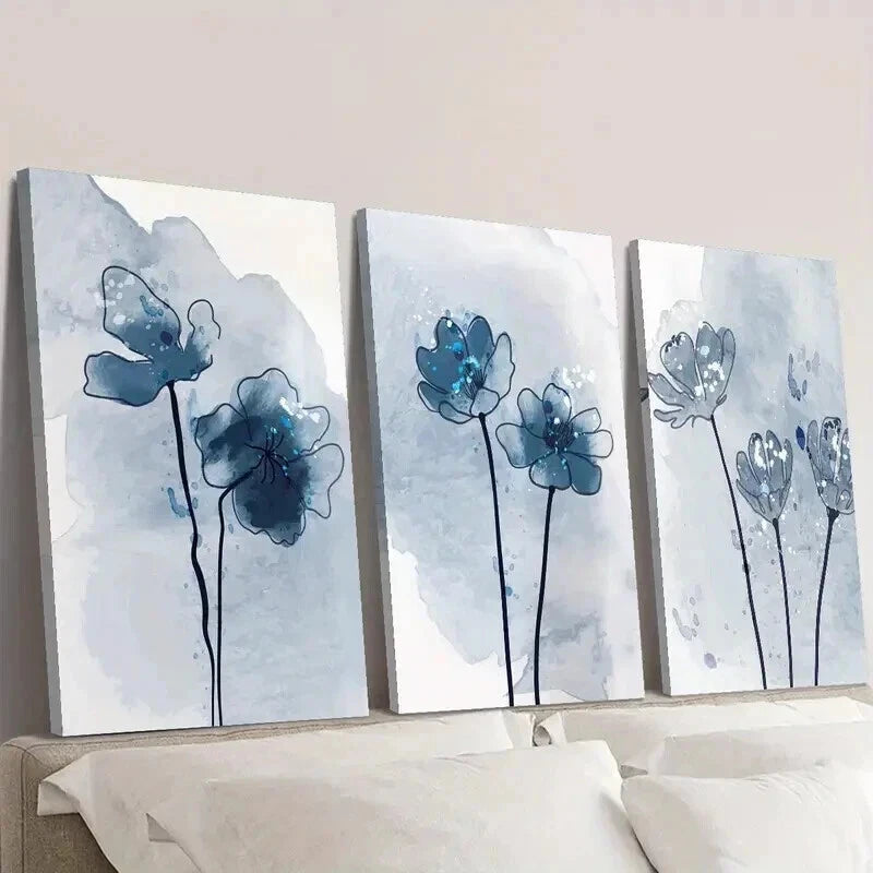 3pcs Botanical Blue Flower Decorations Wall Art Set Canvas Framed 60x90cm - High Quality Print 100% Australian Made Wall Canvas Ready to Hang