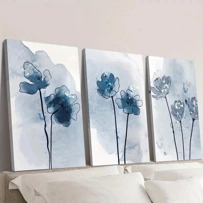 3pcs Botanical Blue Flower Decorations Wall Art Set Canvas Framed 60x90cm - High Quality Print 100% Australian Made Wall Canvas Ready to Hang