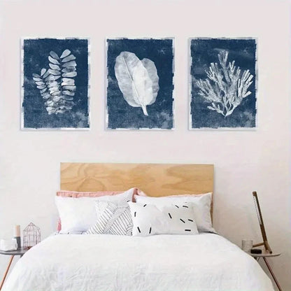 3pcs Blue Tropical Leaf and Coral Metal Print Ready to Hang Art - Bella Home Decor