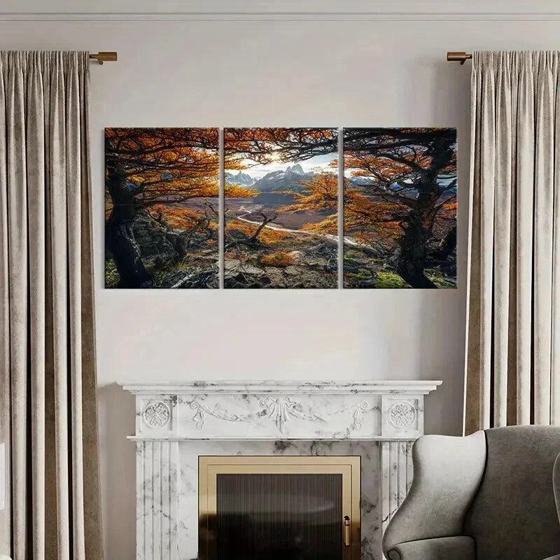 3pcs Mountains and Autumn Leaves Scenery Wall Art Set Canvas Framed 60x90cm - High Quality Print 100% Australian Made Wall Canvas Ready to Hang - Bella Home Decor