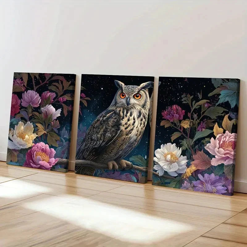 3pcs Owl Floral Design Night Sky Decor   Wall Art Set Canvas Framed 40x60cm - High Quality Print 100% Australian Made Wall Canvas Ready to Hang