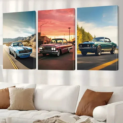 3pcs Retro Aesthetic Vintage Cars With Sunset   Art Set Canvas Unframed - High Quality Print 100% Australian Made Wall Canvas