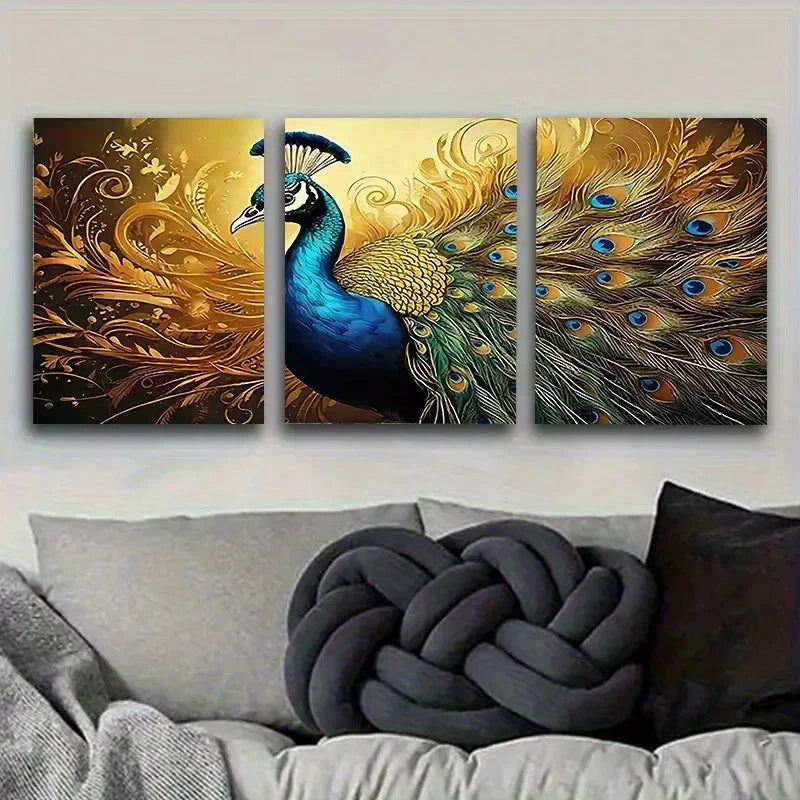3pcs PeaRooster Feather Wall Art Set Canvas Framed 60x90cm - High Quality Print 100% Australian Made Wall Canvas Ready to Hang