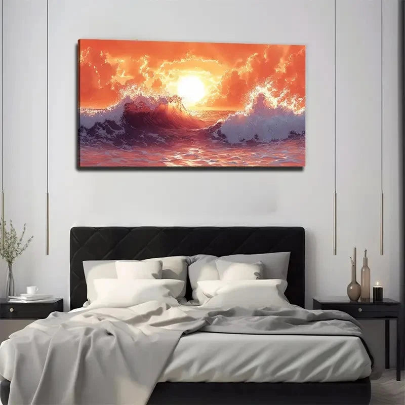 Ocean Waves Sunset Modern Wall Art Canvas Office Home Room Framed 120x60cm