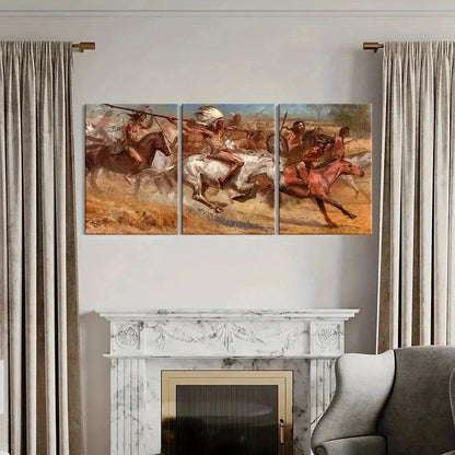 3pcs Native Americans On Horses Red Indians Wall Art Set Canvas Framed 50x70cm - High Quality Print 100% Australian Made Wall Canvas Ready to Hang