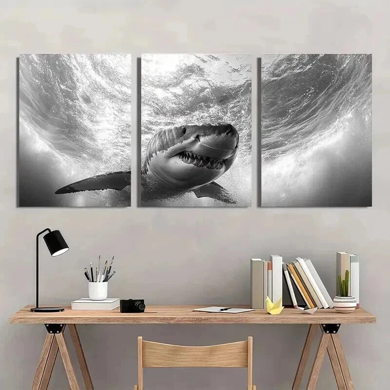 3pcs Black And White Shark Underwater Scene Wall Art Set Canvas Framed 40x60cm - High Quality Print 100% Australian Made Wall Canvas Ready to Hang - Bella Home Decor