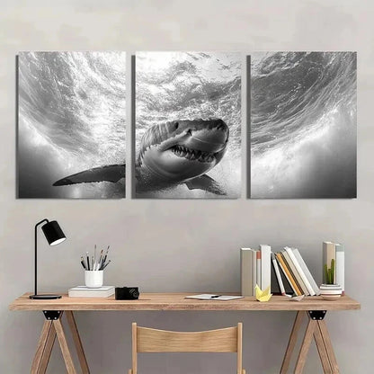 3pcs Black And White Shark Underwater Scene Wall Art Set Canvas Framed 40x60cm - High Quality Print 100% Australian Made Wall Canvas Ready to Hang - Bella Home Decor