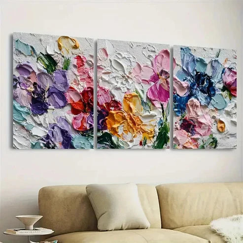 3pcs Colorful Textured Flower On Boho Wall Art Set Canvas Unframed - High Quality Print 100% Australian Made Wall Canvas - Bella Home Decor