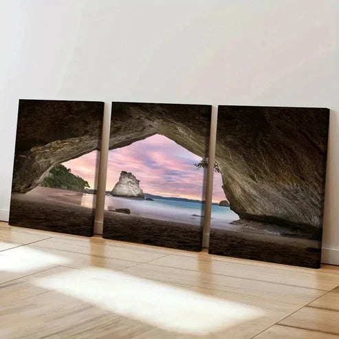 3pcs Seaside Cave Sea Sunset Modern Wall Art Canvas Unframed - High Quality Print 100% Australian Made Wall Canvas