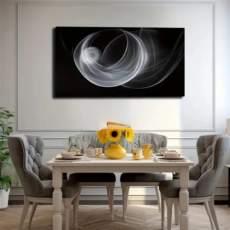 White Line Swirls In Black Back Wall Art Canvas Office Home Room Framed 120x60cm