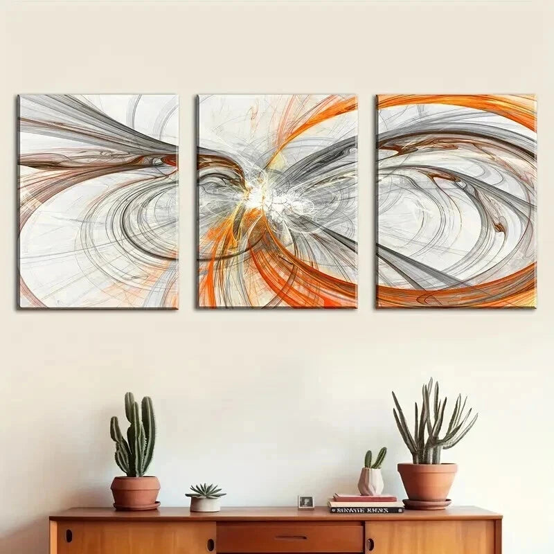 3pcs Featuring Abstract Orange And Gray Lines Wall Art Set Canvas Framed 50x70cm - High Quality Print 100% Australian Made Wall Canvas Ready to Hang