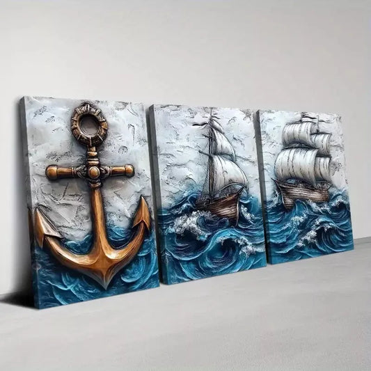 3pcs Vintage Abstract Sailing and Anchor Wall Art Set Canvas Framed 50x70cm - High Quality Print 100% Australian Made Wall Canvas Ready to Hang