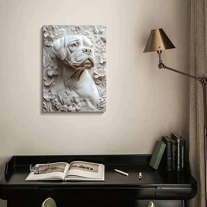 Magnificent White Boxer Dog Surrounded Painting 40x60cm Metal Print Ready to Hang