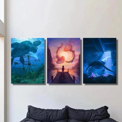 3pcs Giant Jellyfish Dolphin & Turtle Wall Art Canvas Unframed - High Quality Print 100% Australian Made Wall Canvas - Bella Home Decor