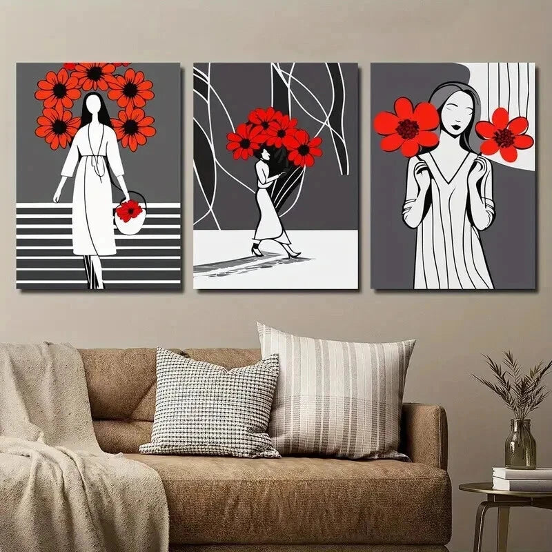 3pcs Abstract Black & Recd Flower Girl Perfect Wall Art Set Canvas Framed 40x60cm - High Quality Print 100% Australian Made Wall Canvas Ready to Hang - Bella Home Decor